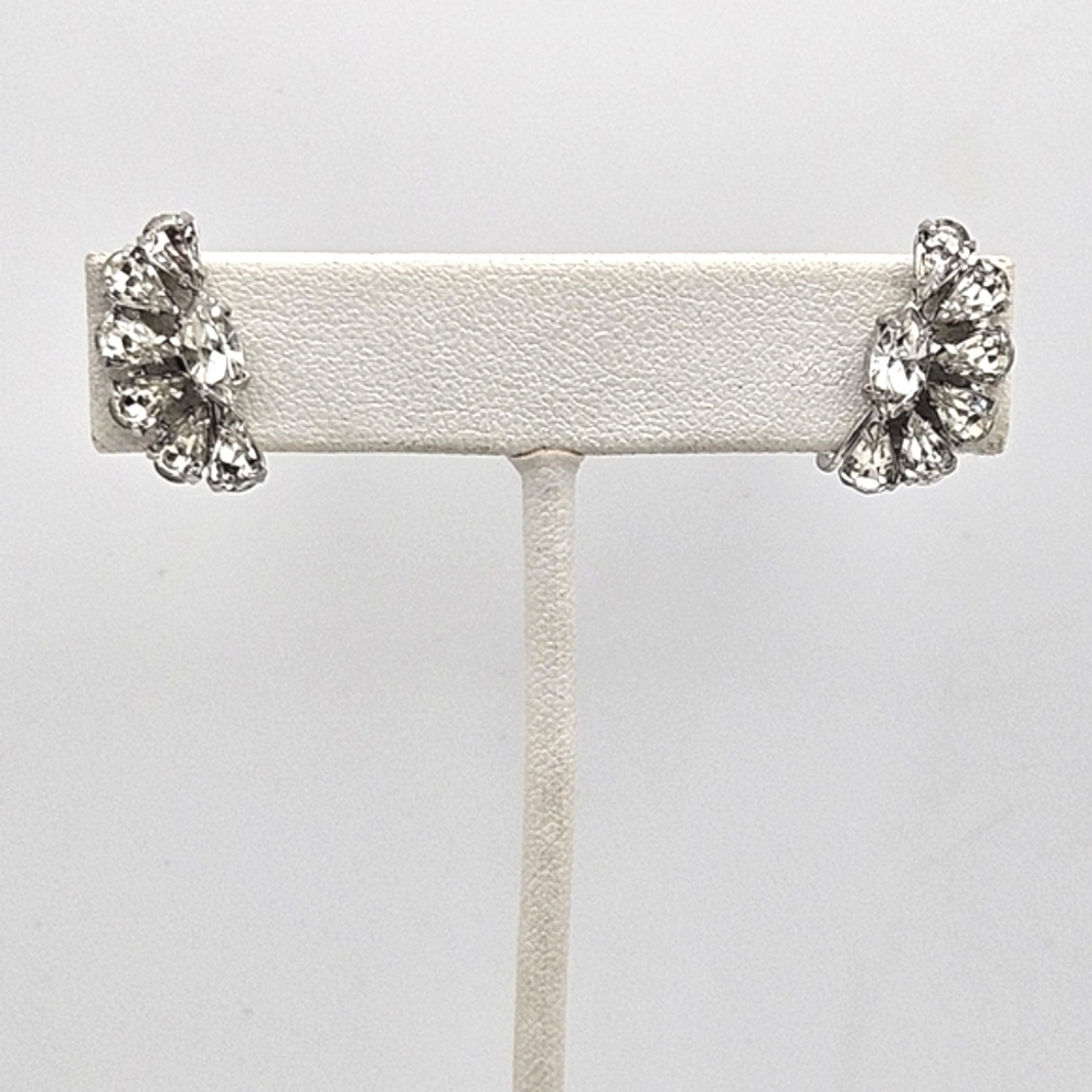 SHERMAN Vintage Clear Rhinestone Silver Earrings Screwback non Pierced
